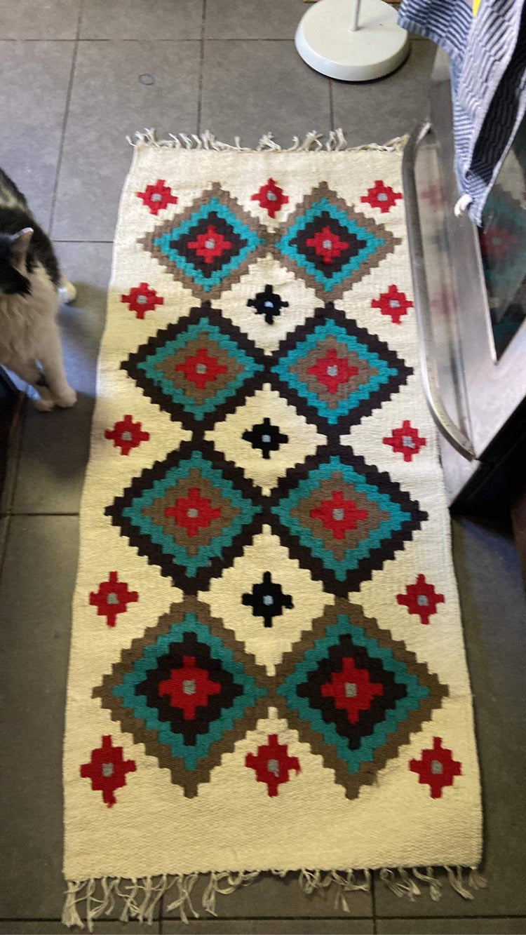 Narrow Area Accent Rug: Kilim Spelling Art in Silence