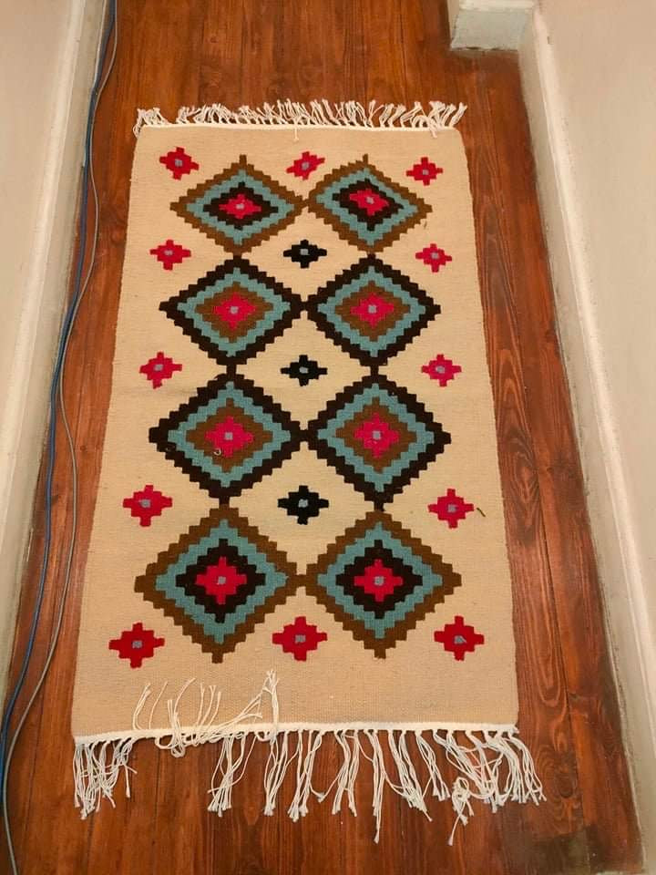 Narrow Area Accent Rug: Kilim Spelling Art in Silence